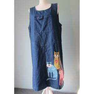 Vtg. Denim Jumper With Gingham Cats Pockets Ladies 16 Cottage Core Cat Lady